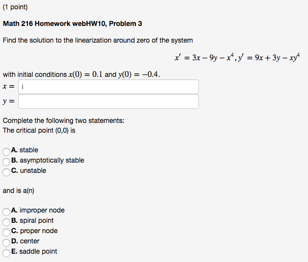 Solved (1 Point) Math 216 Homework WebHW10, Problem 3 Find | Chegg.com