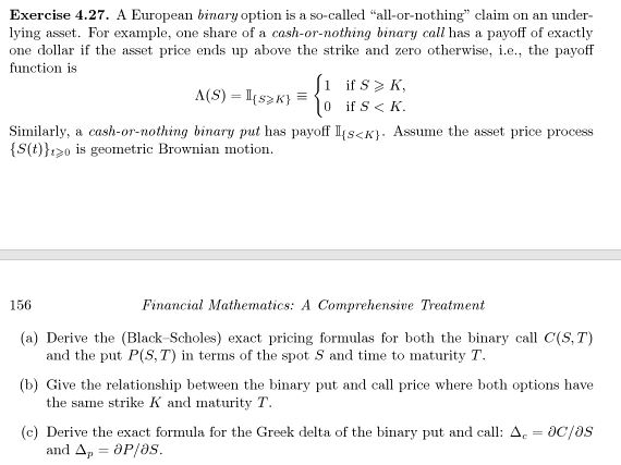 Exercise 4.27. A European binary option is a | Chegg.com