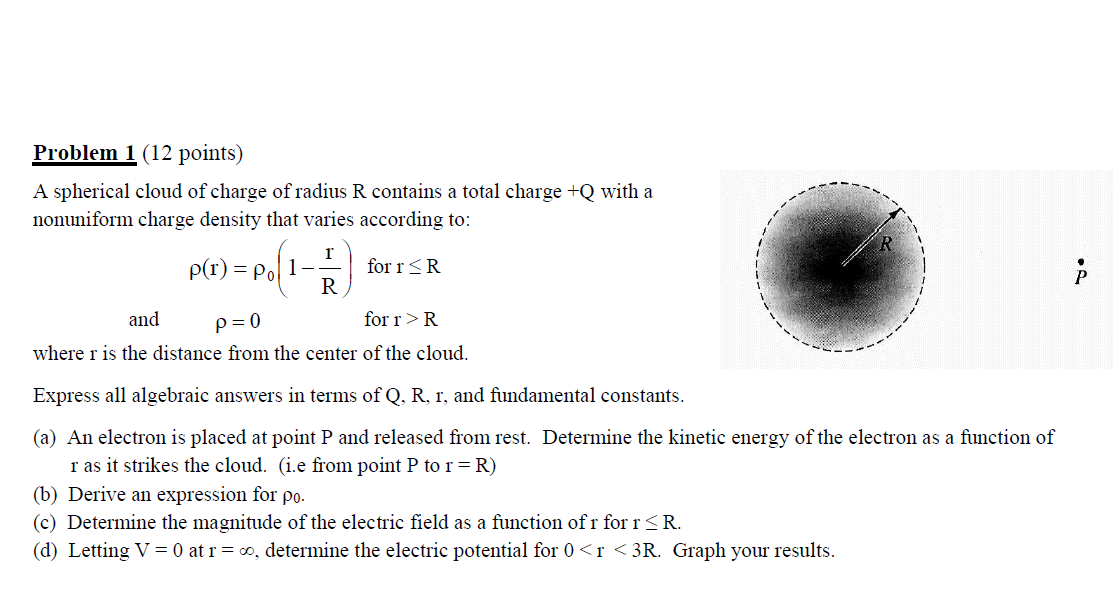 Solved Problem 1 (12 points A spherical cloud of charge of | Chegg.com