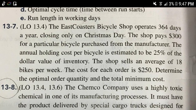 Solved .dl 3% a 9:47 PM d. Optimal cycle time (time between | Chegg.com