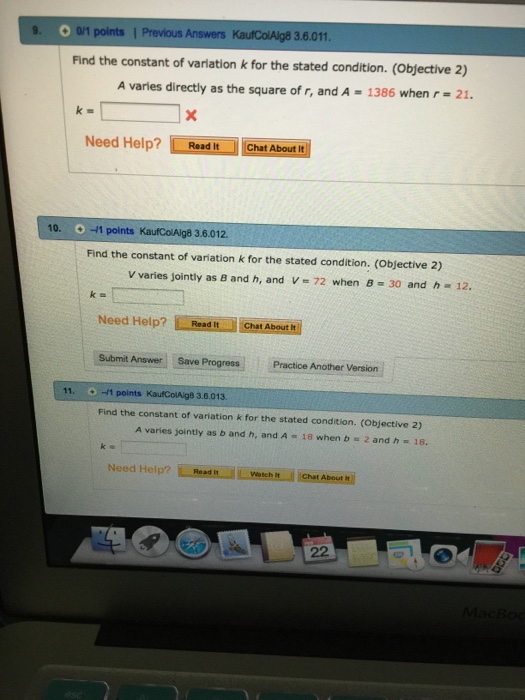Solved 3.6.011 Find the constant of variation k for the | Chegg.com