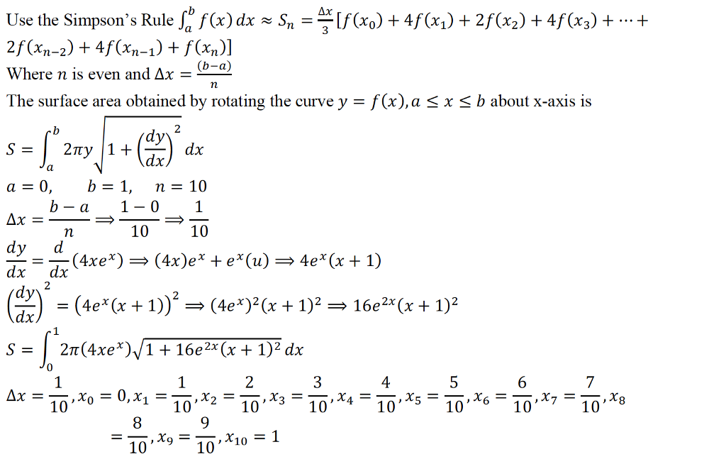 Solved Use Simpson's Rule With N 10 To Approximate The Area | Chegg.com