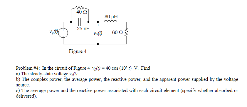 Solved 40 Ω 80 μH 25 nF Vo(t) 60 Ω Figure 4 Problem #4: In | Chegg.com