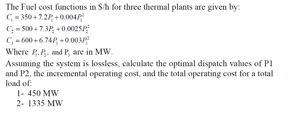Solved The Fuel Cost Functions In h For Three Thermal Chegg