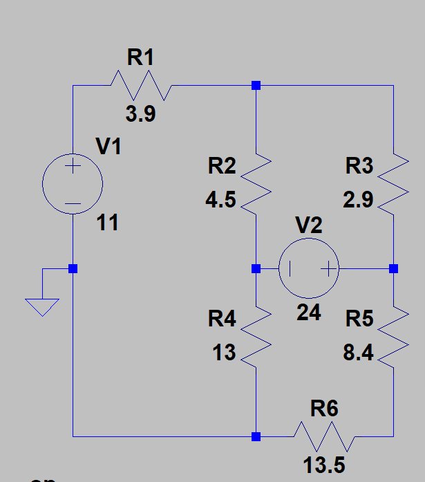 Solved R1 3.9 V1 R2 4.5 R3 2.9 V2 R4 24 R5 8.4 R6 13.5 | Chegg.com