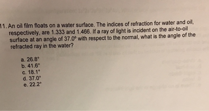 Solved An oil film floats on a water surface. The indices of | Chegg.com