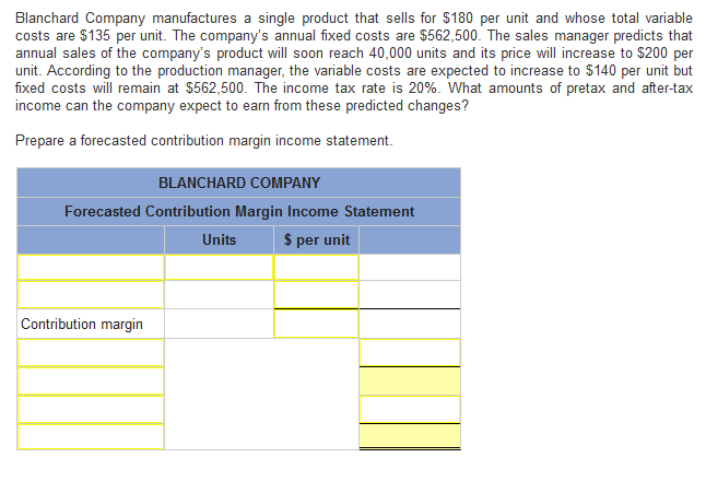 Blanchard Company Manufactures A Single Product That Sells For 180