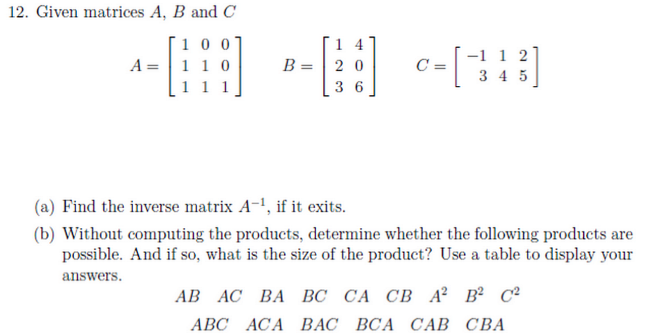 Solved Given matrices A, D and C Find the inverse matrix | Chegg.com