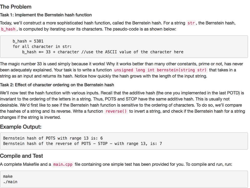 Solved The Problem Task 1: Implement the Bernstein hash | Chegg.com