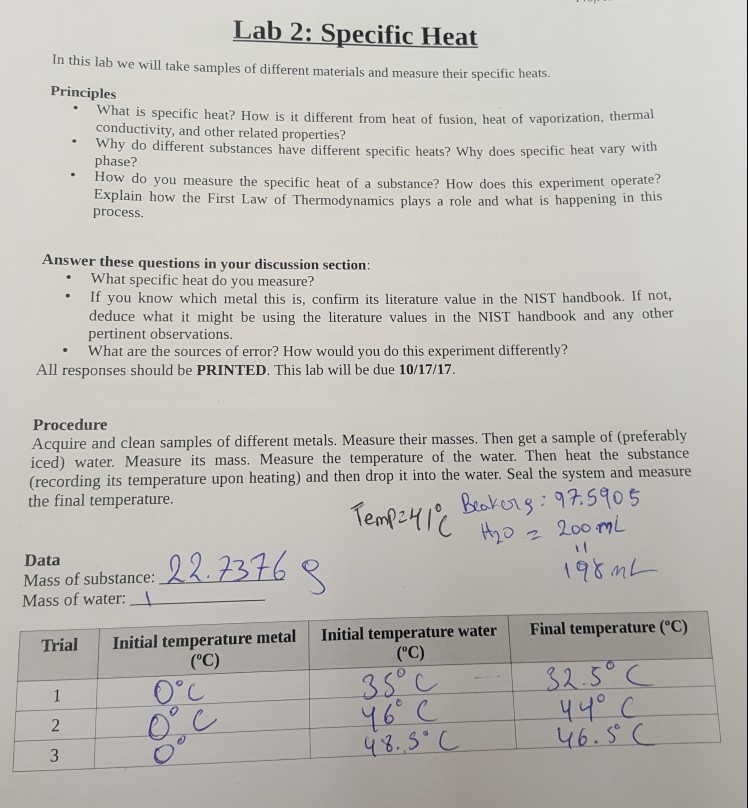 Temperature And Specific Heat Lab 4 Answers