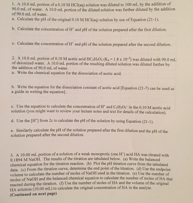 Solved 1. A 10.0 mL portion of a 0.10 M HCI(aq) solution was | Chegg.com