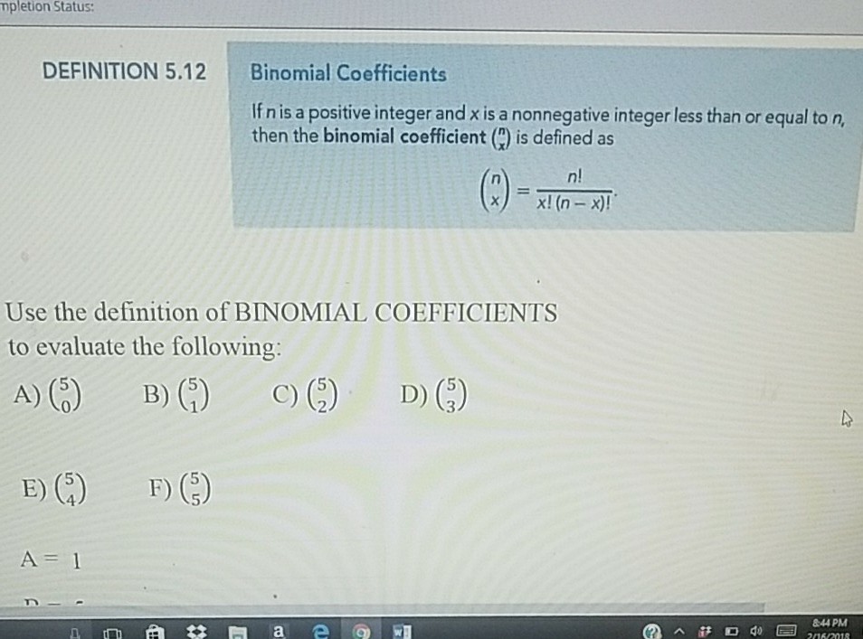 Solved mpletion Status: DEFINITION 5.12 Binomial | Chegg.com