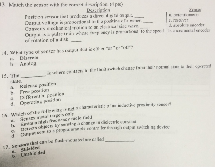 Solved 3. Match the sensor with the correct description. (4 | Chegg.com