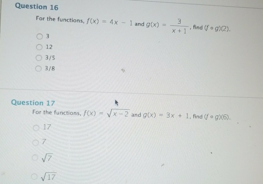 Solved For the function f(x) = 4x - 1 and g(x) = 3/x+1 find | Chegg.com