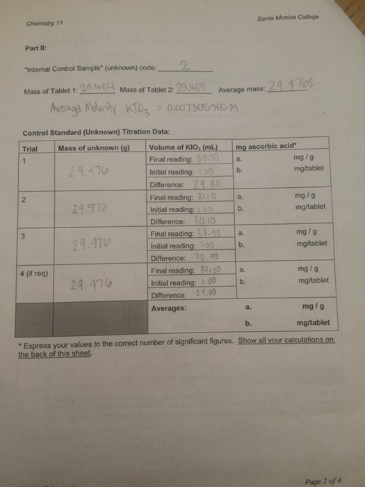 Solved Vitamin C Titration Lab. Chem 101. Can someone