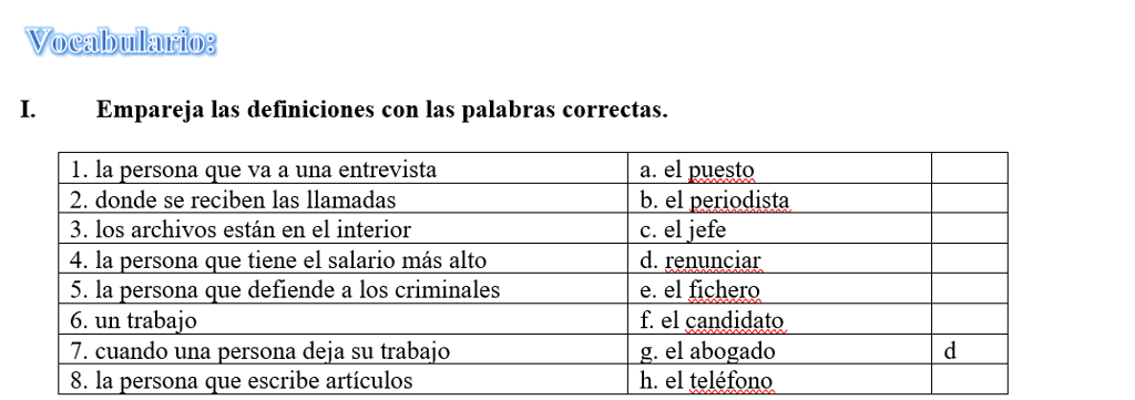 Solved I.Empareja las definiciones con las palabras | Chegg.com
