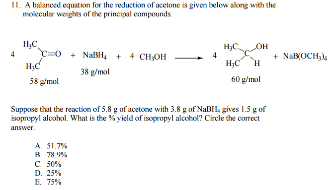 Solved 11. A balanced equation for the reduction of acetone | Chegg.com