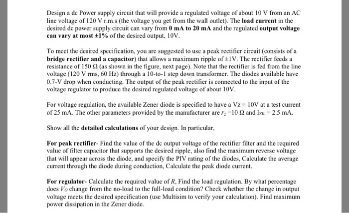 Solved Design a dc Power supply circuit that will provide a | Chegg.com