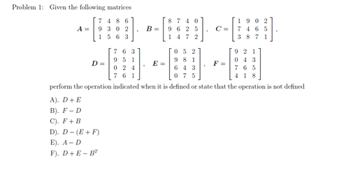 Solved Given the following matrices. perform the operation | Chegg.com