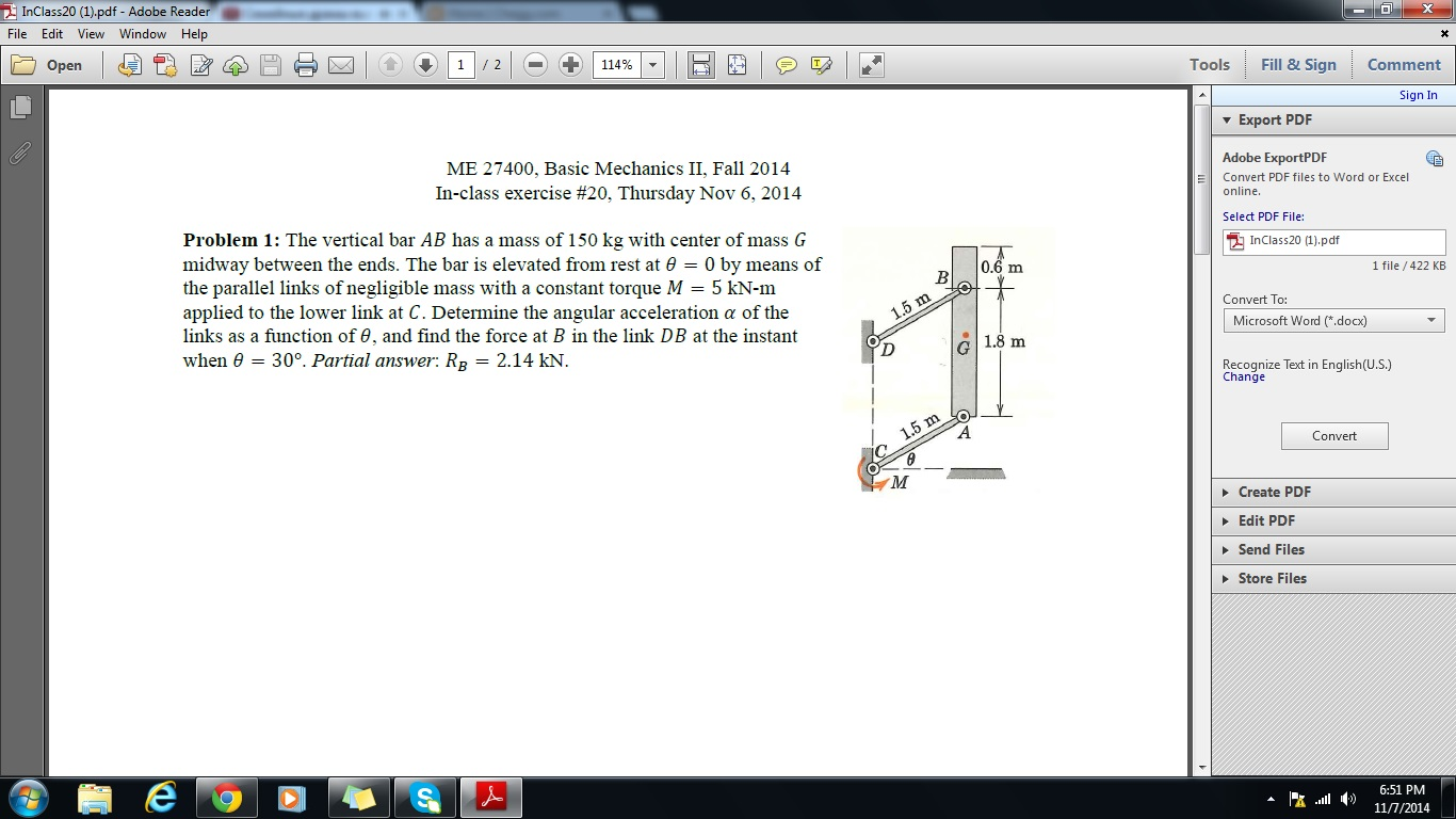 Solved Problem 1: The vertical bar AB has a mass of 150 kg | Chegg.com