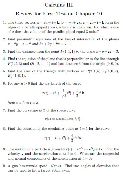Solved Calculus III Review for First Test on Chapter 10 1. | Chegg.com