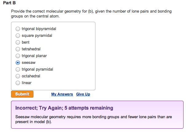 Solved Provide the correct molecular geometry for (c), given | Chegg.com