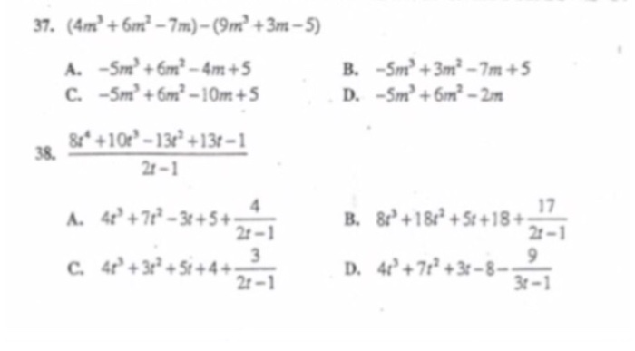 Solved (4m^3 + 6m^2 - 7m) - (9m^3 + 3m - 5) 8 t^4 + 10 t^3 | Chegg.com