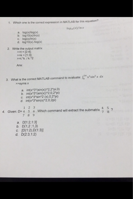 Solved 1. Which one is the correct expression in MATLAB for | Chegg.com