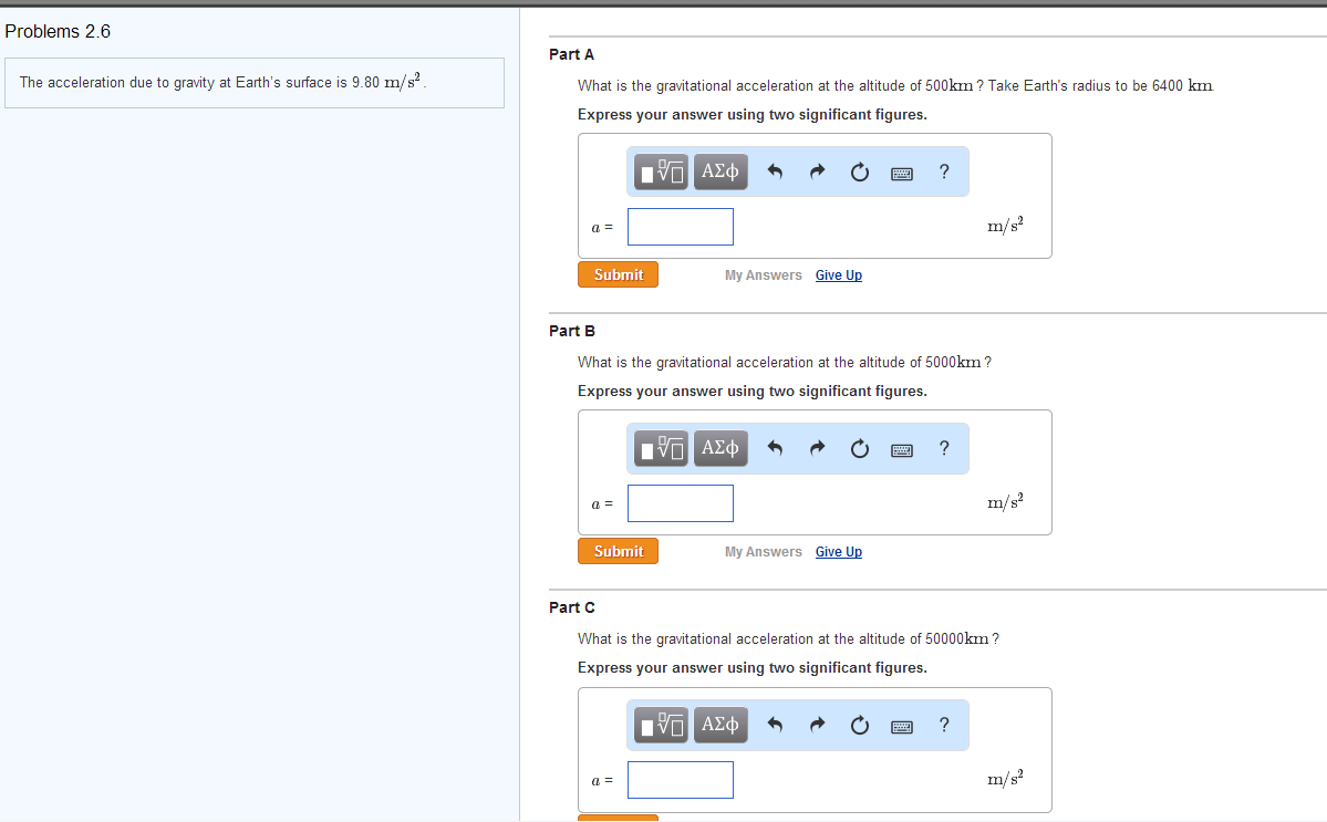 Solved Problems 2.6 The acceleration due to gravity at | Chegg.com