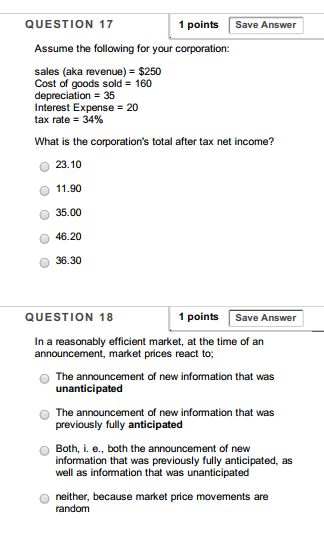 Solved QUESTION 17 1 points Save Answer Assume the following | Chegg.com