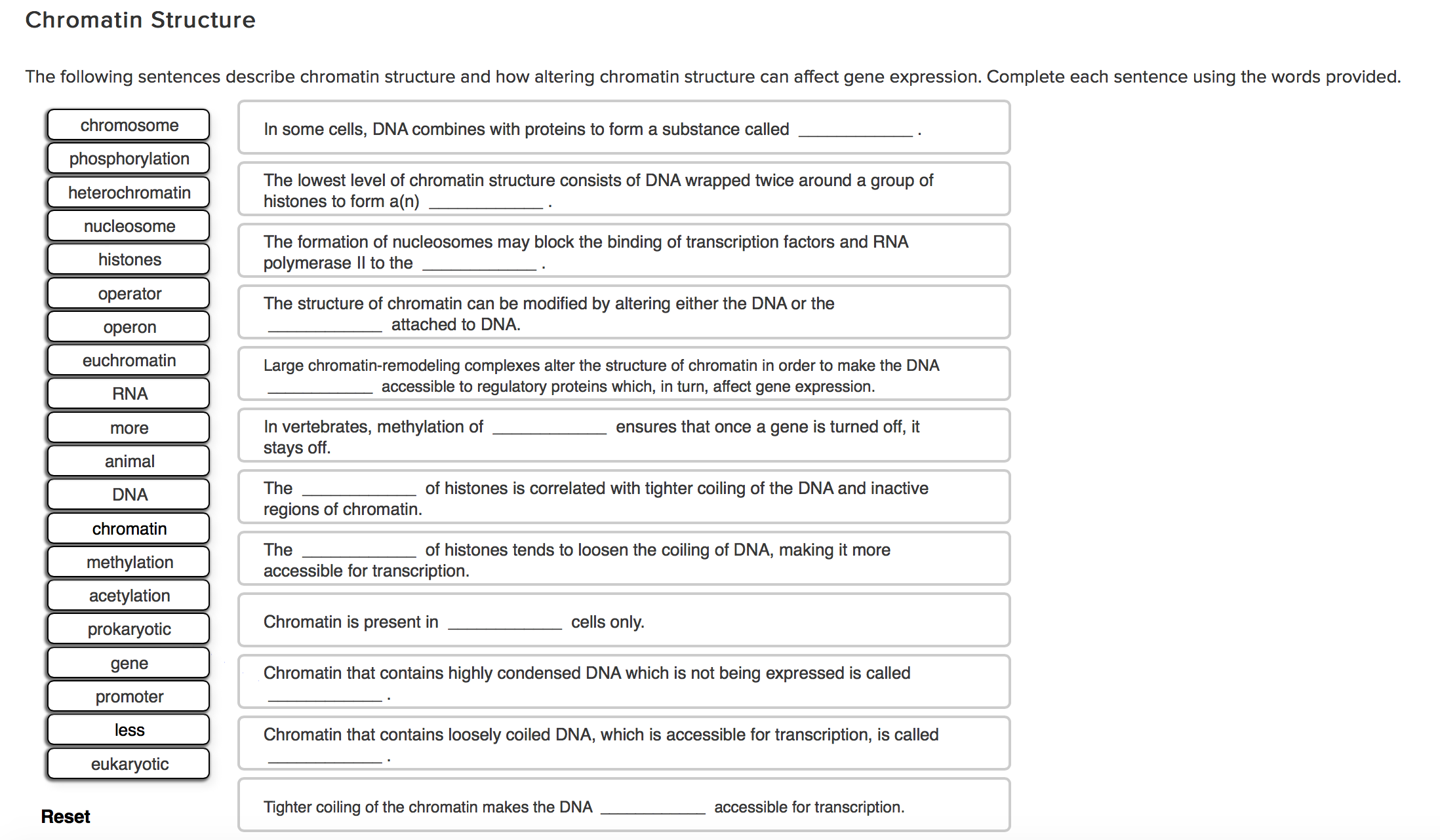 Solved Chromatin Structure The following sentences | Chegg.com