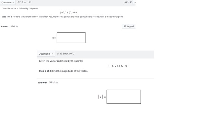 Solved Question6 o13Step 1 of 2 00:51:25 Given the vector u | Chegg.com