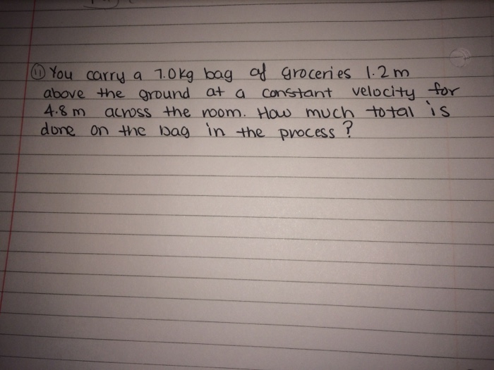 Solved You carry a 7.0 kg bag of groceries 1.2 m above the