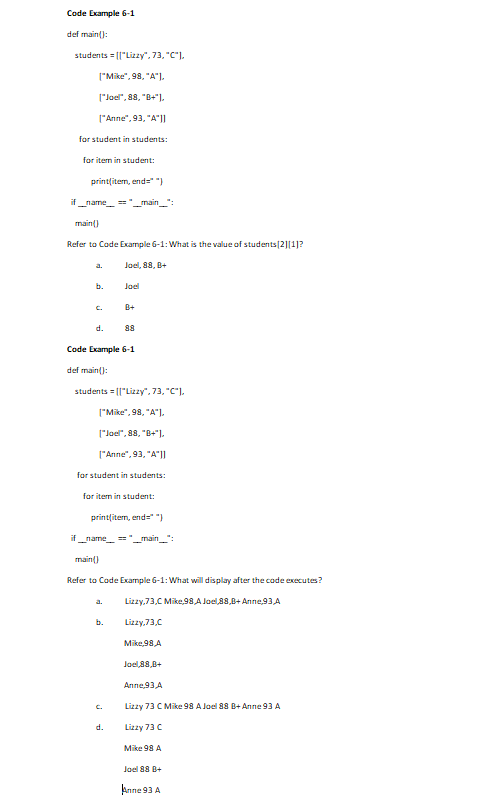 Solved Code Example 6-1 def main): students ?·Lizzy", 73? | Chegg.com