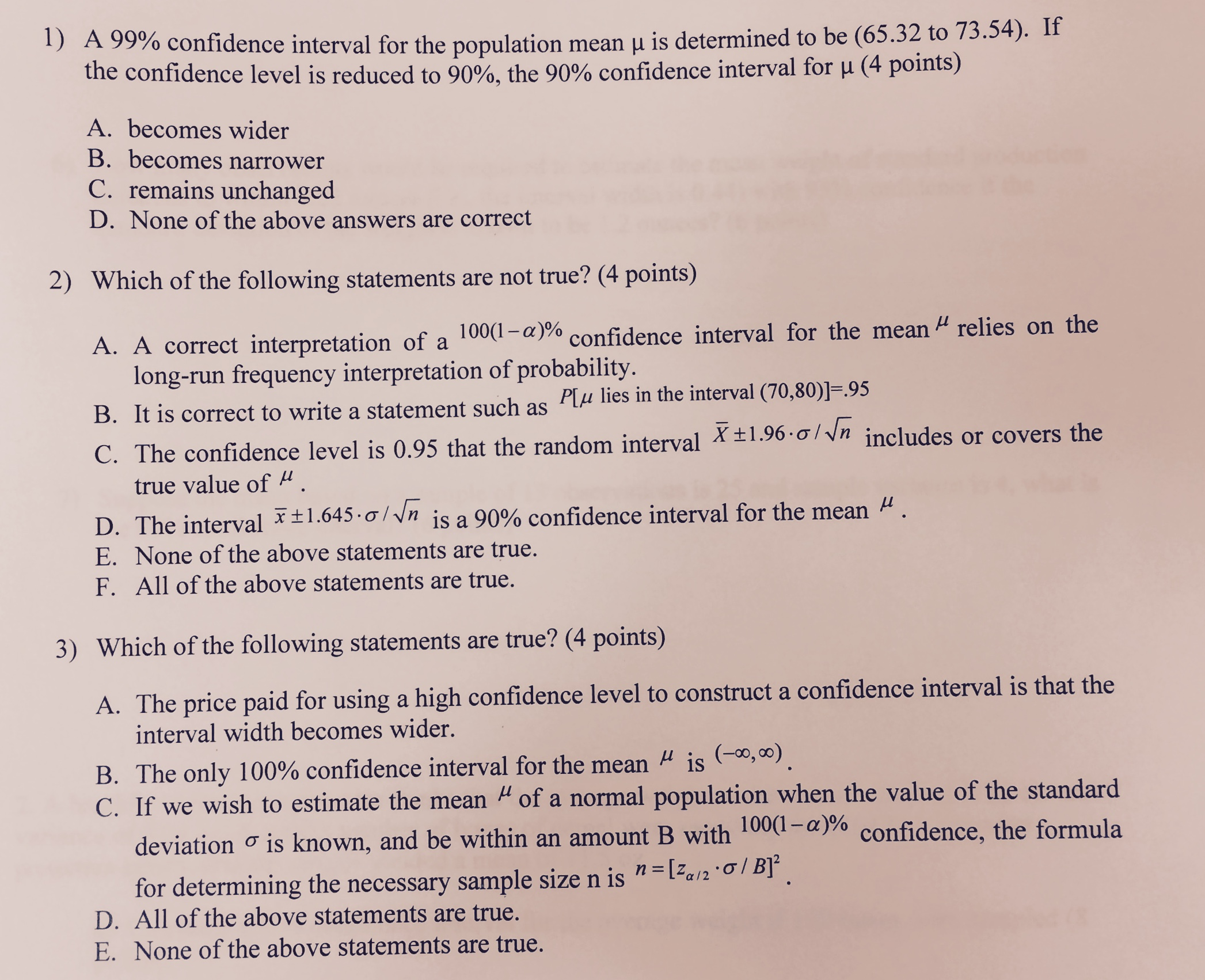 Solved 1) A 99% confidence interval for the population mean | Chegg.com