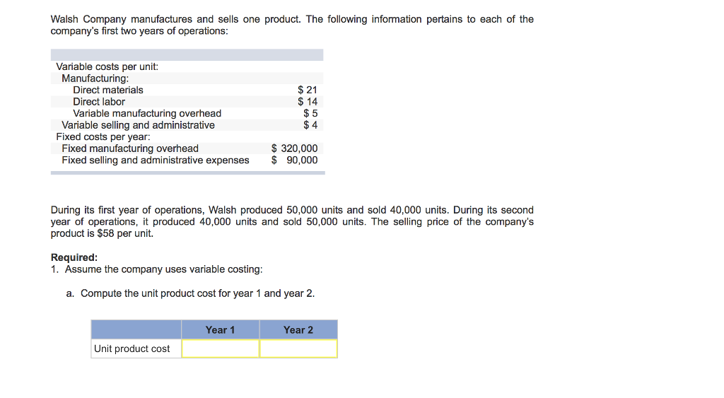 Solved Walsh Company manufactures and sells one product. The | Chegg.com