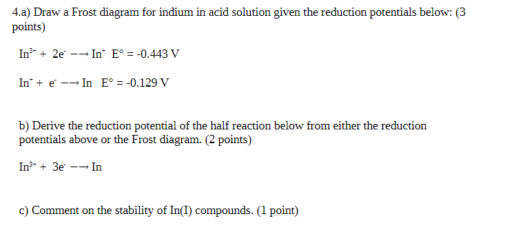 Solved 4.a) Draw a Frost diagram for indium in acid solution | Chegg.com