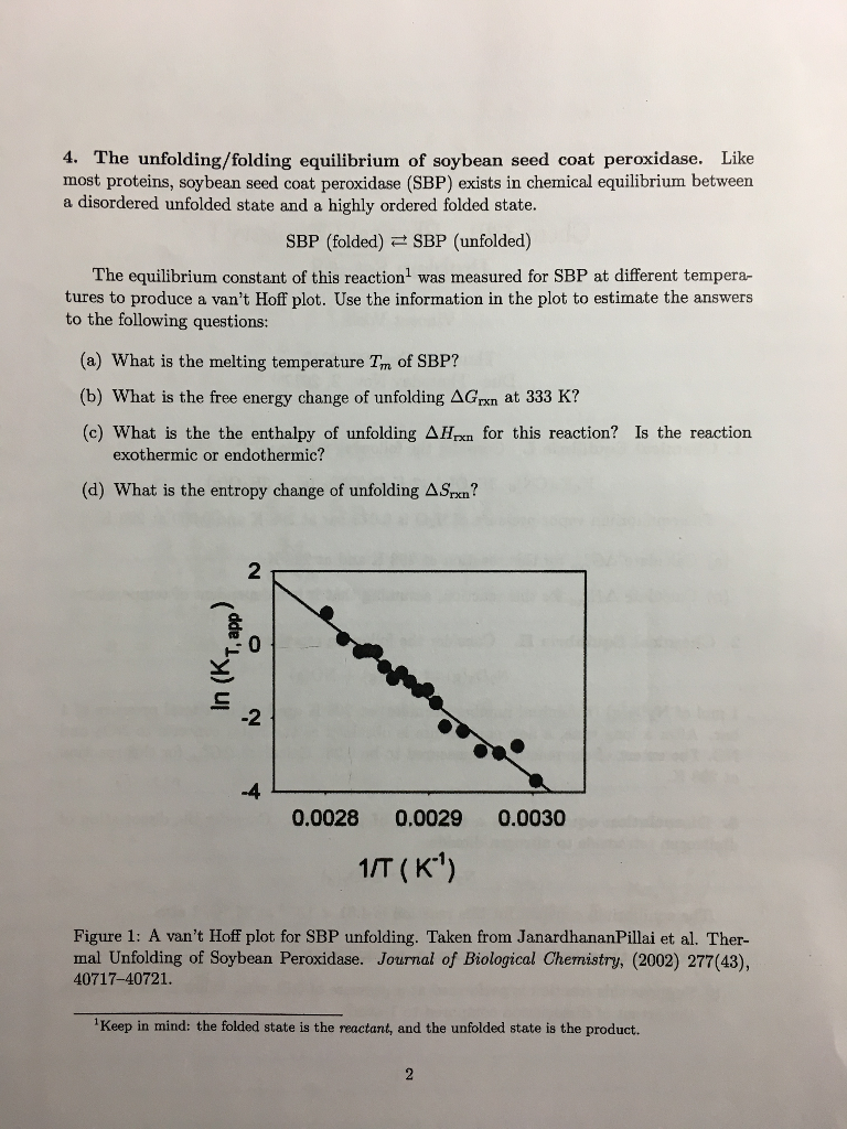 Solved 4. The unfolding/folding equilibrium of soybean seed