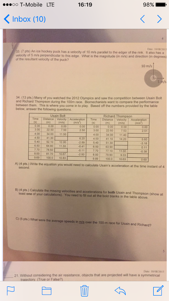 Solved An tee hockey puck has a velocity of 10 m/s parallel
