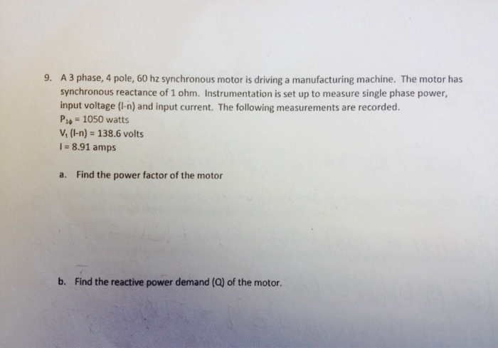 Solved 9. A 3 phase, 4 pole, 60 hi synchronous motor is | Chegg.com