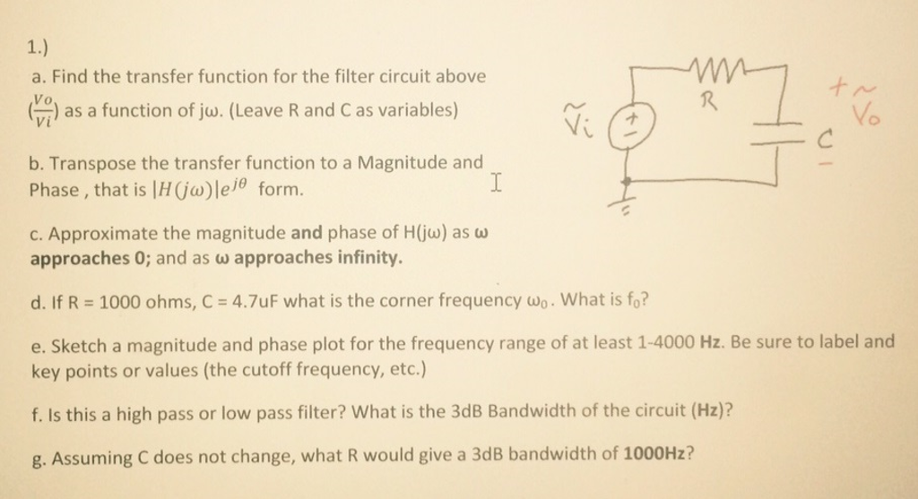 Solved Find the transfer function for the filter circuit | Chegg.com
