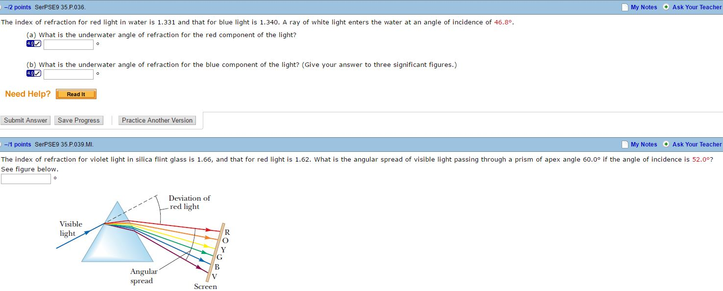 Solved The index of refraction for red light in water is