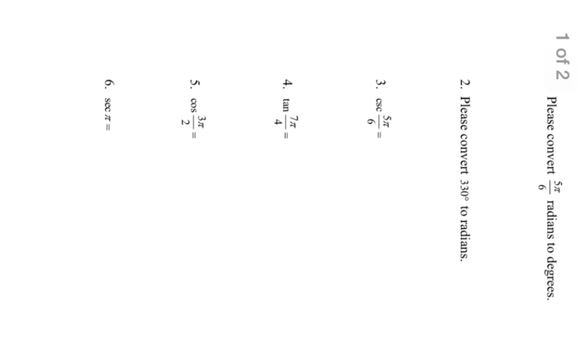 Solved Please covert 5 pi / 6 radians to degrees. Please | Chegg.com