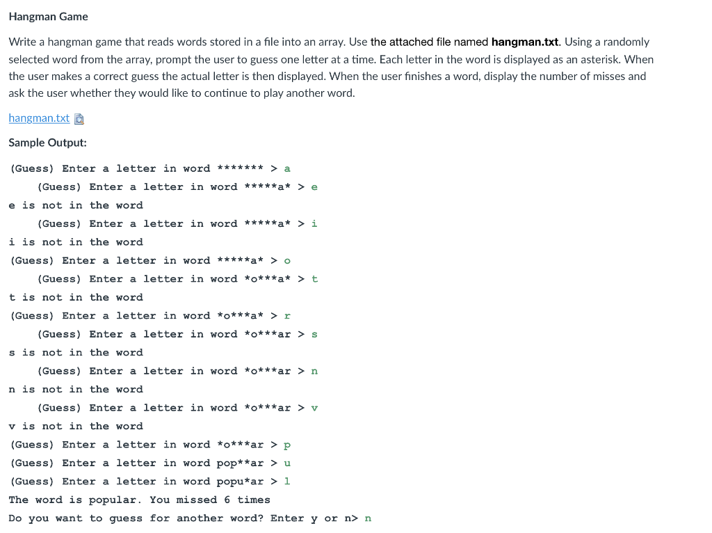 Solved Hangman Game Write a hangman game that reads words | Chegg.com