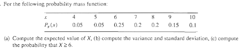 Solved For the following probability mass function: Compute | Chegg.com