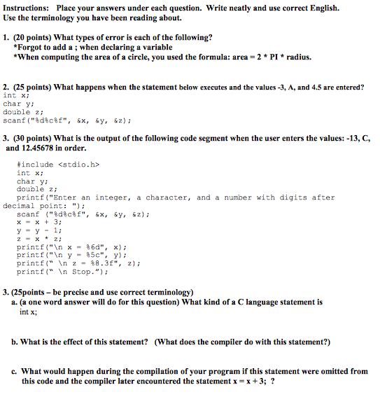 Solved 1. (20 points) What types of error is each of the | Chegg.com