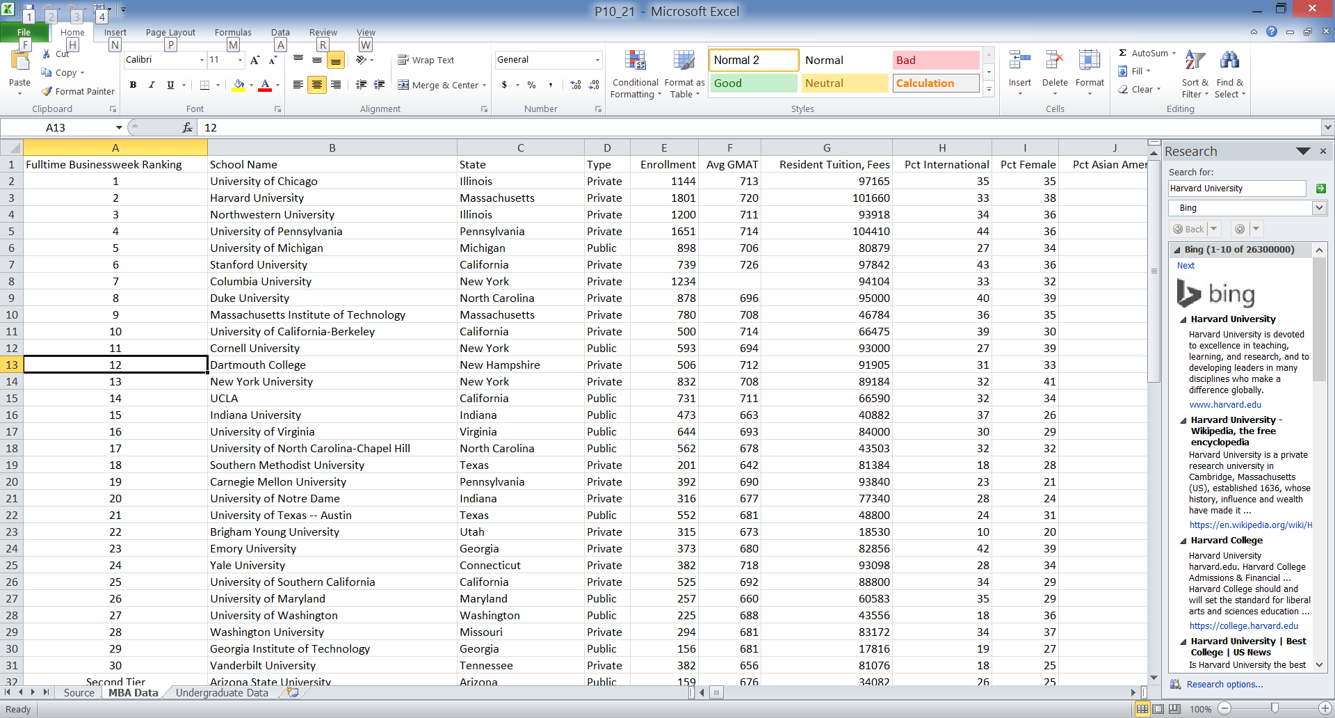 Solved The Undergraduate Data sheet of the file P10_21.xlsx | Chegg.com