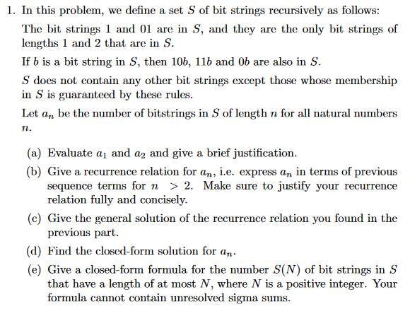 Solved 1. In This Problem, We Define A Set S Of Bit Strings | Chegg.com