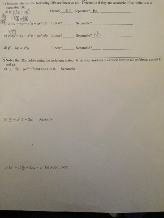 Solved 1) Indicate whether the following DEs are linear or | Chegg.com