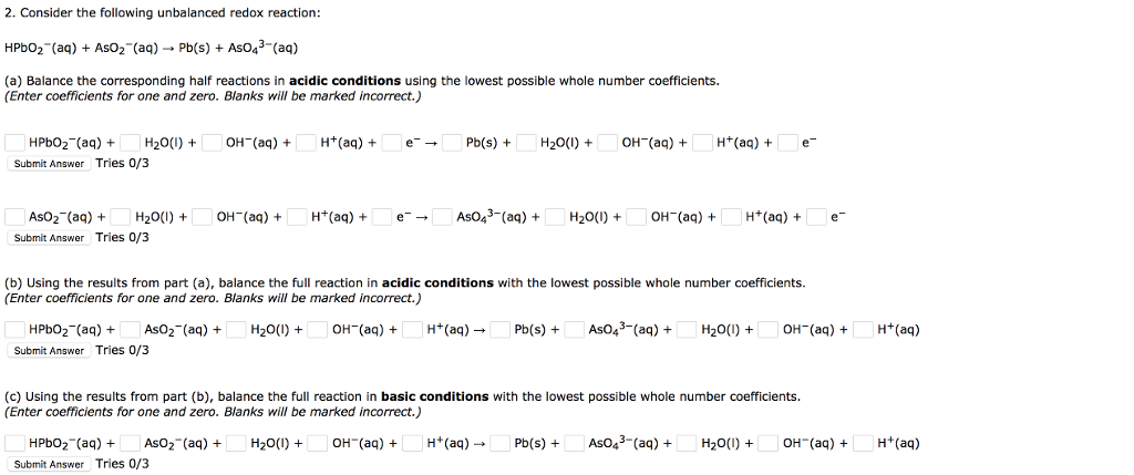 Solved Balance the following redox reactions by balancing | Chegg.com